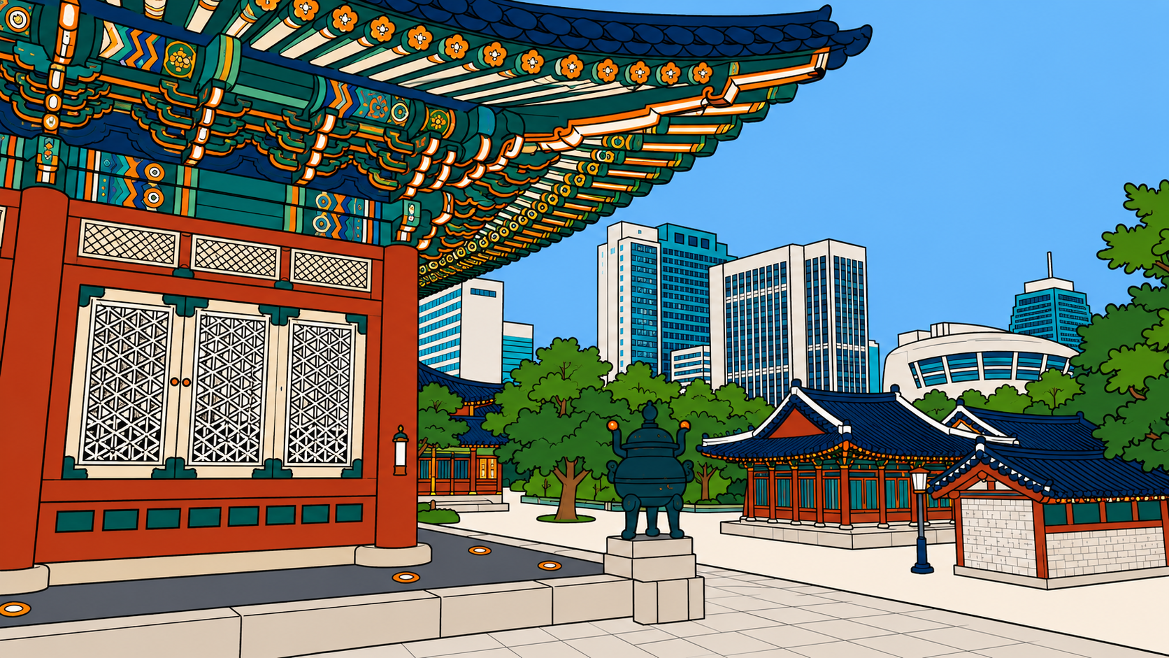 Illustrated thumbnail of a traditional Korean palace gate with Seoul's skyline behind it, representing Bukhansan hiking