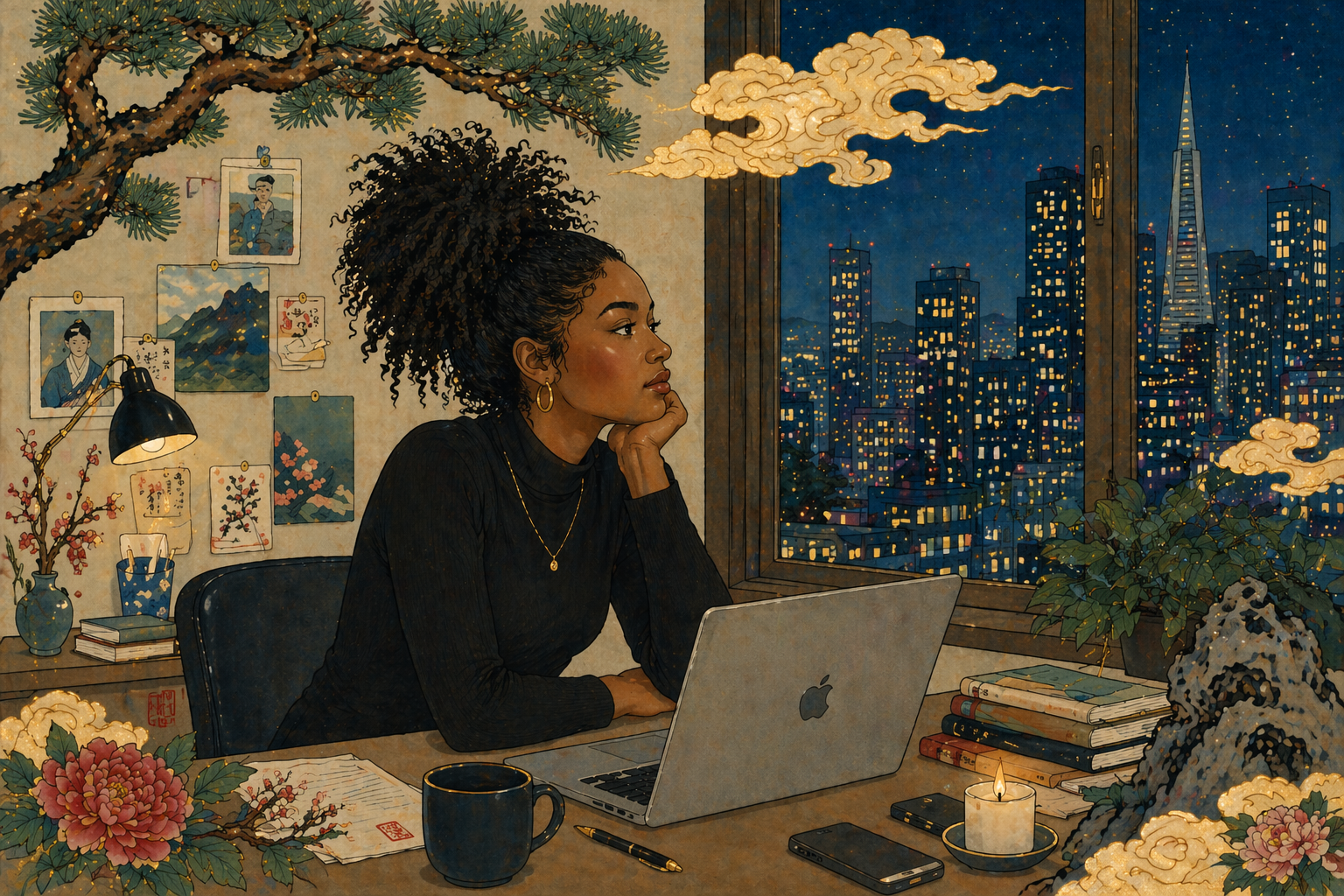 Burnout blocks multiple areas: thoughtful woman at desk late at night illustrating how structural energy depletion affects career, relationships, and body simultaneously