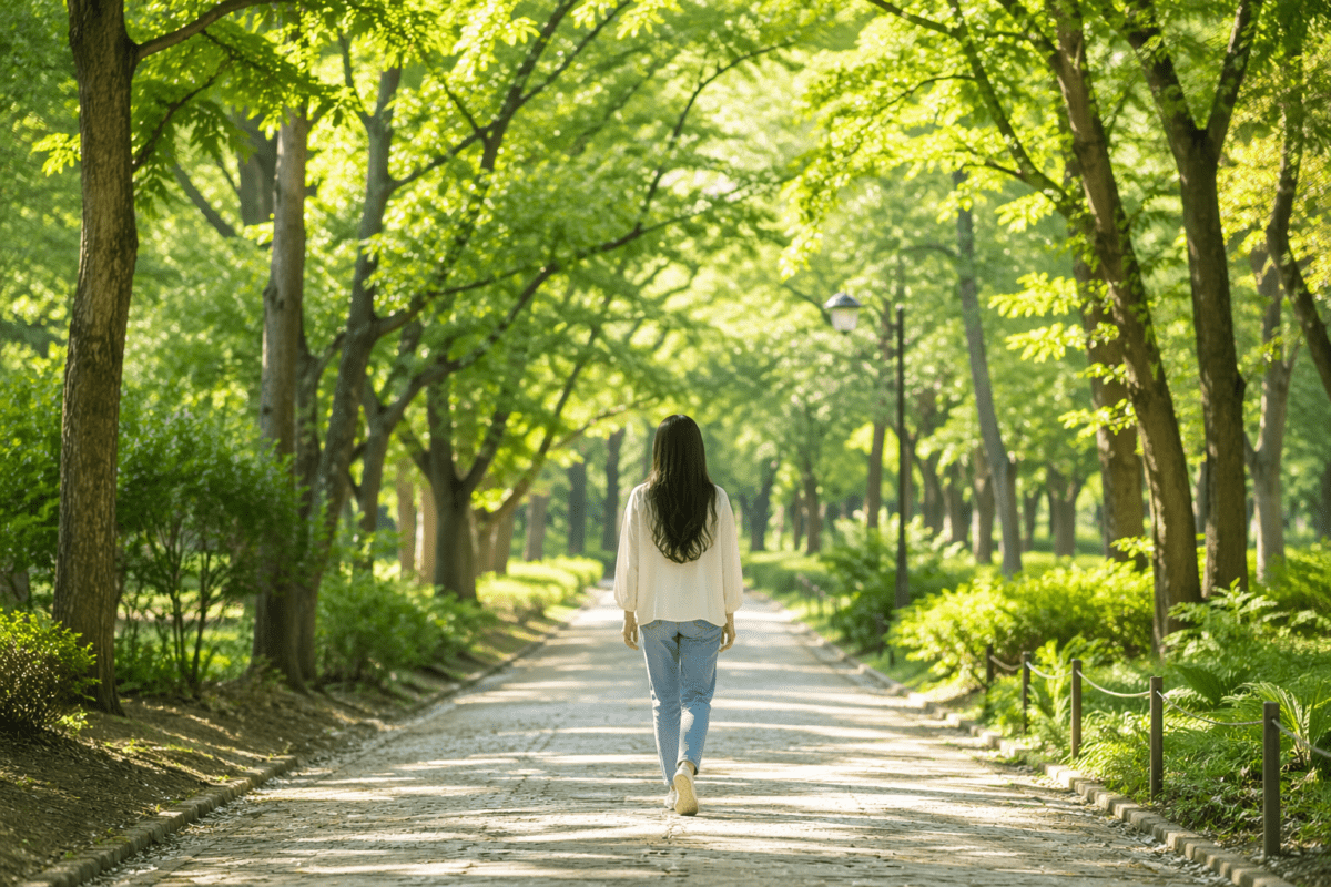 Woman walking alone down a quiet tree-lined path, illustrating the solitude and structural transition of a burnout timing cycle