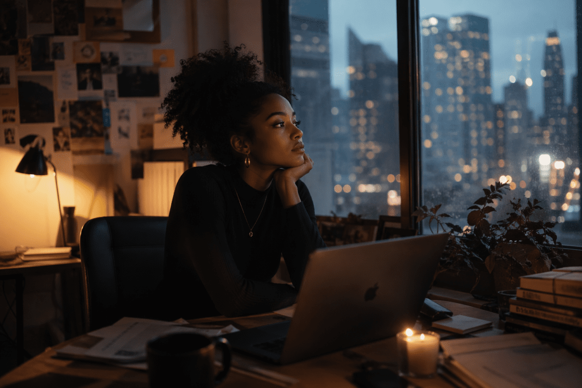 ```
Burnout blocks multiple areas: exhausted woman at desk during late night work illustrating how career stagnation reflects deeper structural energy depletion
```