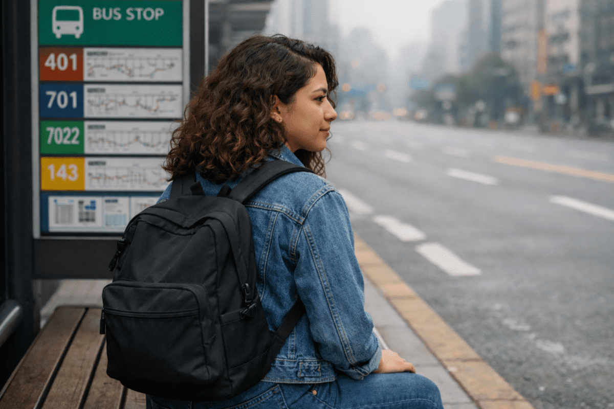 quarter-life crisis timing — woman waiting alone at Seoul bus stop in foggy city morning
