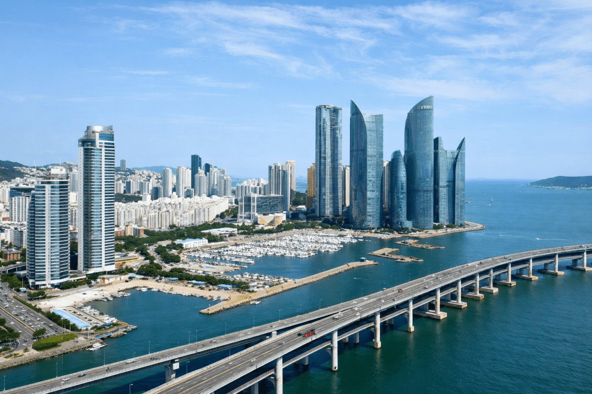 Korean pork soup origins — modern Busan city skyline