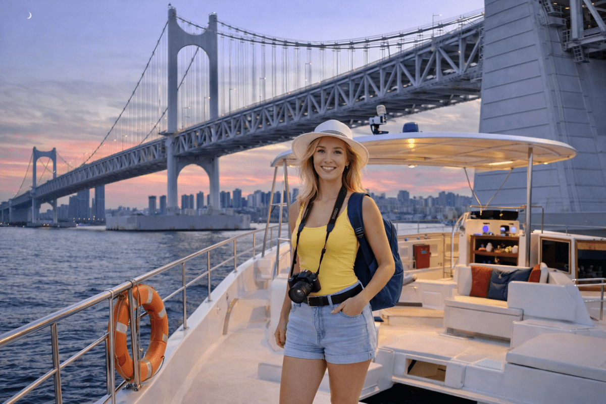 Korean pork soup journey — tourist at Gwangandaegyo bridge in Busan