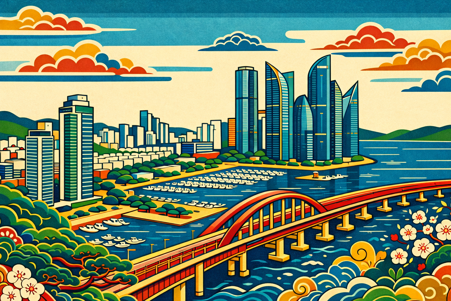 Korean pork soup — minhwa style illustration of Busan cityscape
