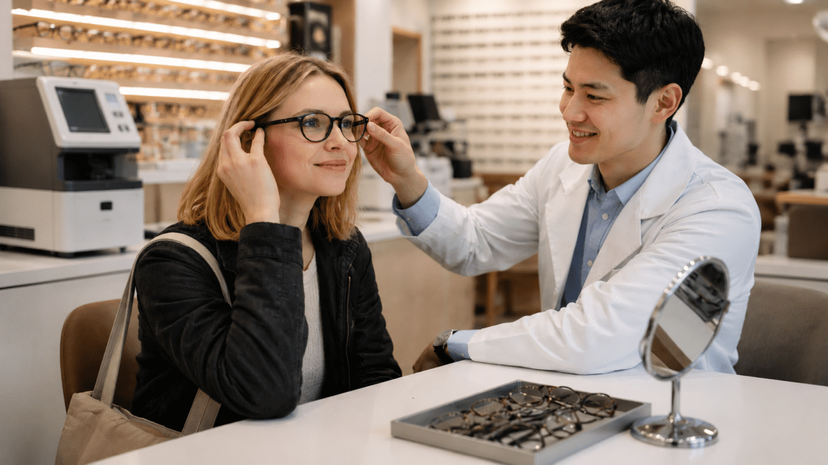 An optician adjusts a customer's new frames at the counter during the fitting.