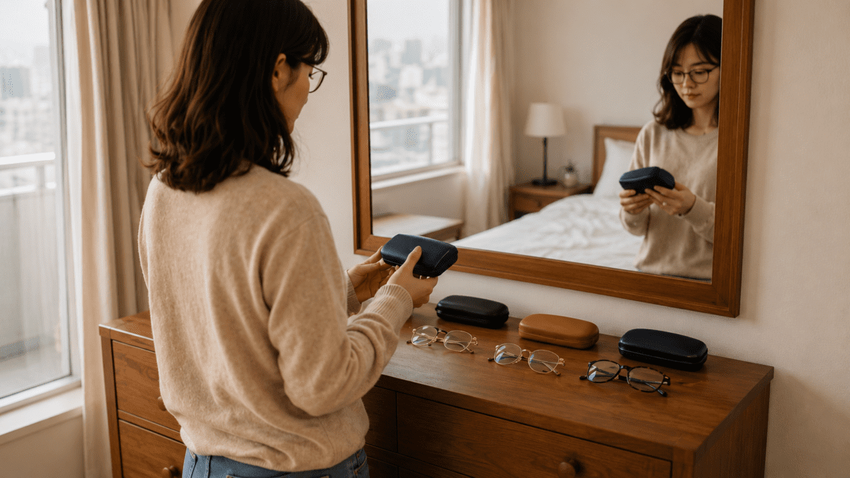 Woman comparing multiple pairs of glasses and cases at home.