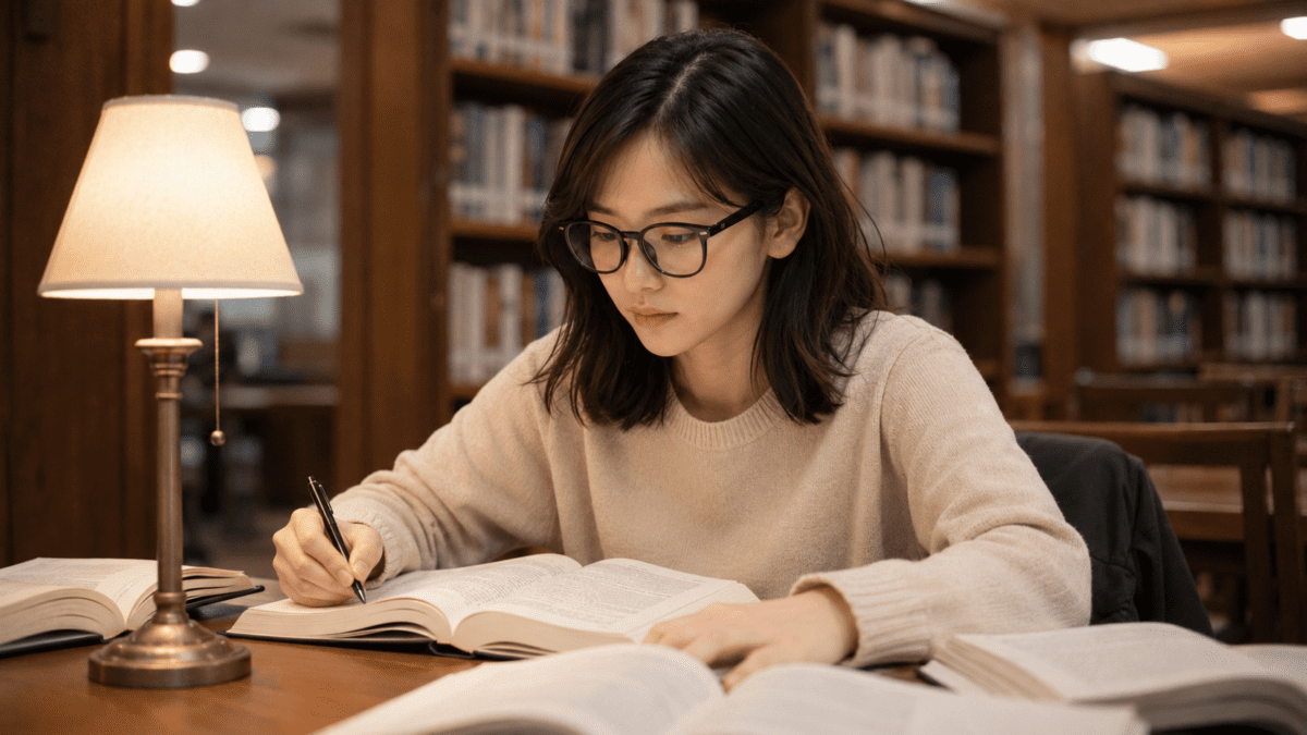 Student wearing Korean glasses studying with open books in a library.