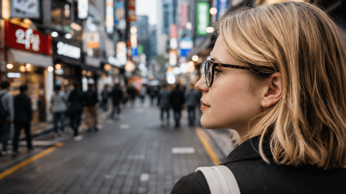 buying glasses in Korea — woman wearing glasses looking down a busy Myeongdong street lined with signs.