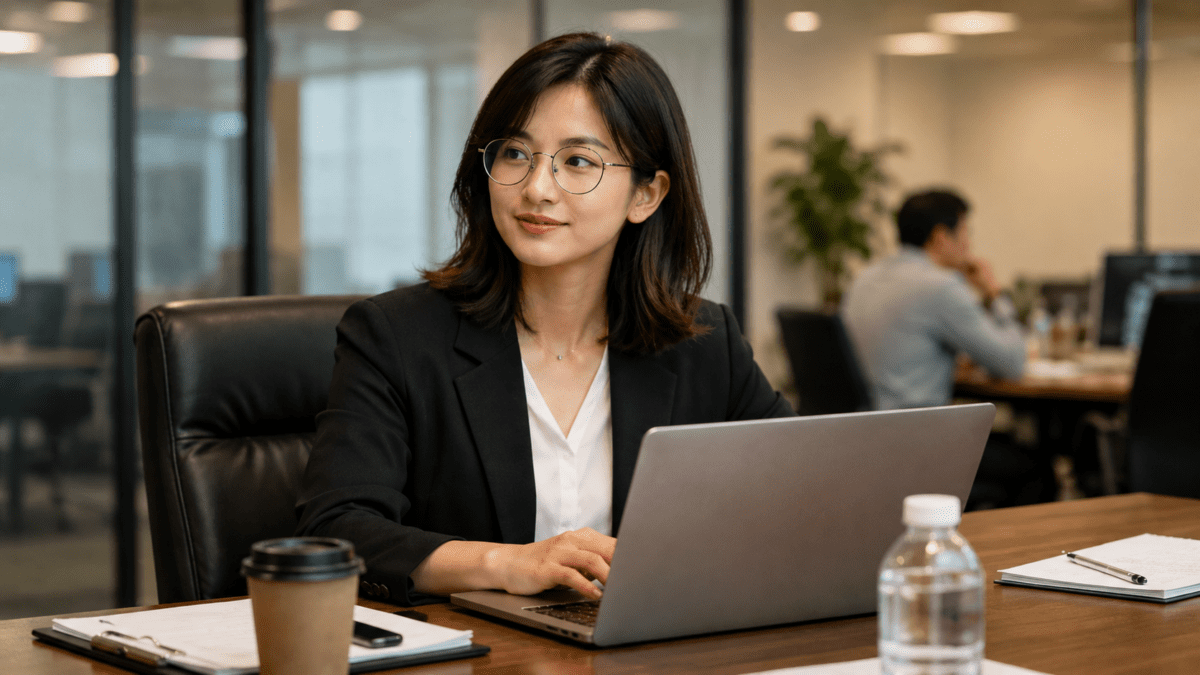 Businesswoman wearing round glasses working on a laptop in an office.
