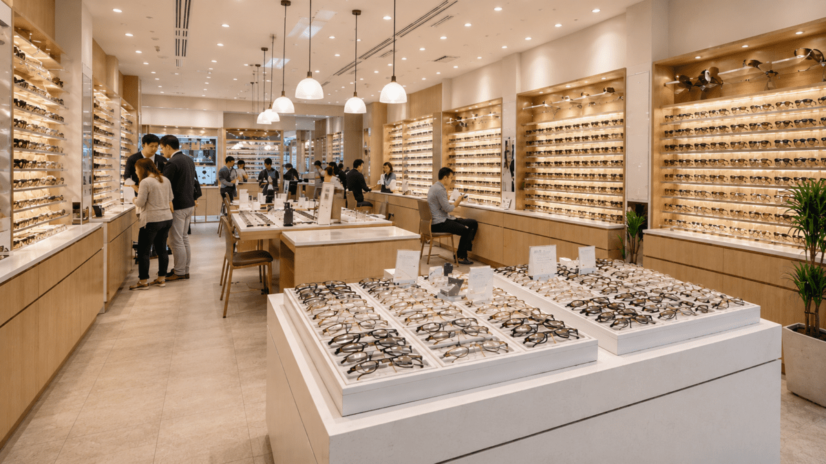 The interior of a Korean optical store, wall-to-wall with eyewear displays.