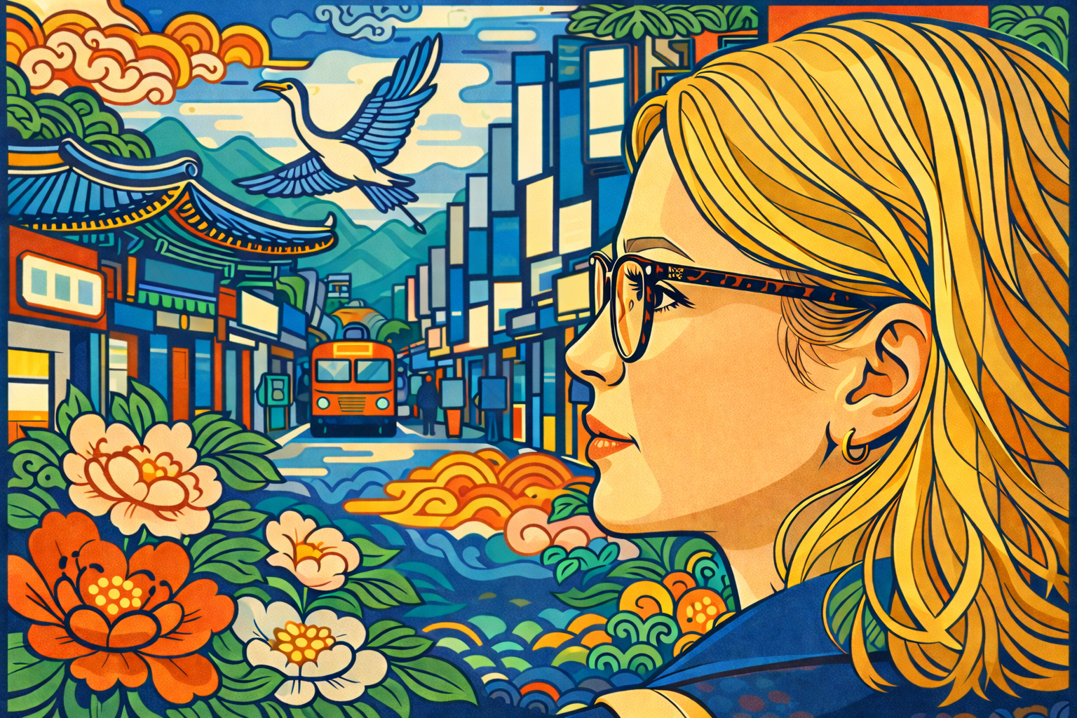 Korean minhwa style illustration of a Western woman wearing glasses on a Seoul street, buying glasses in Korea