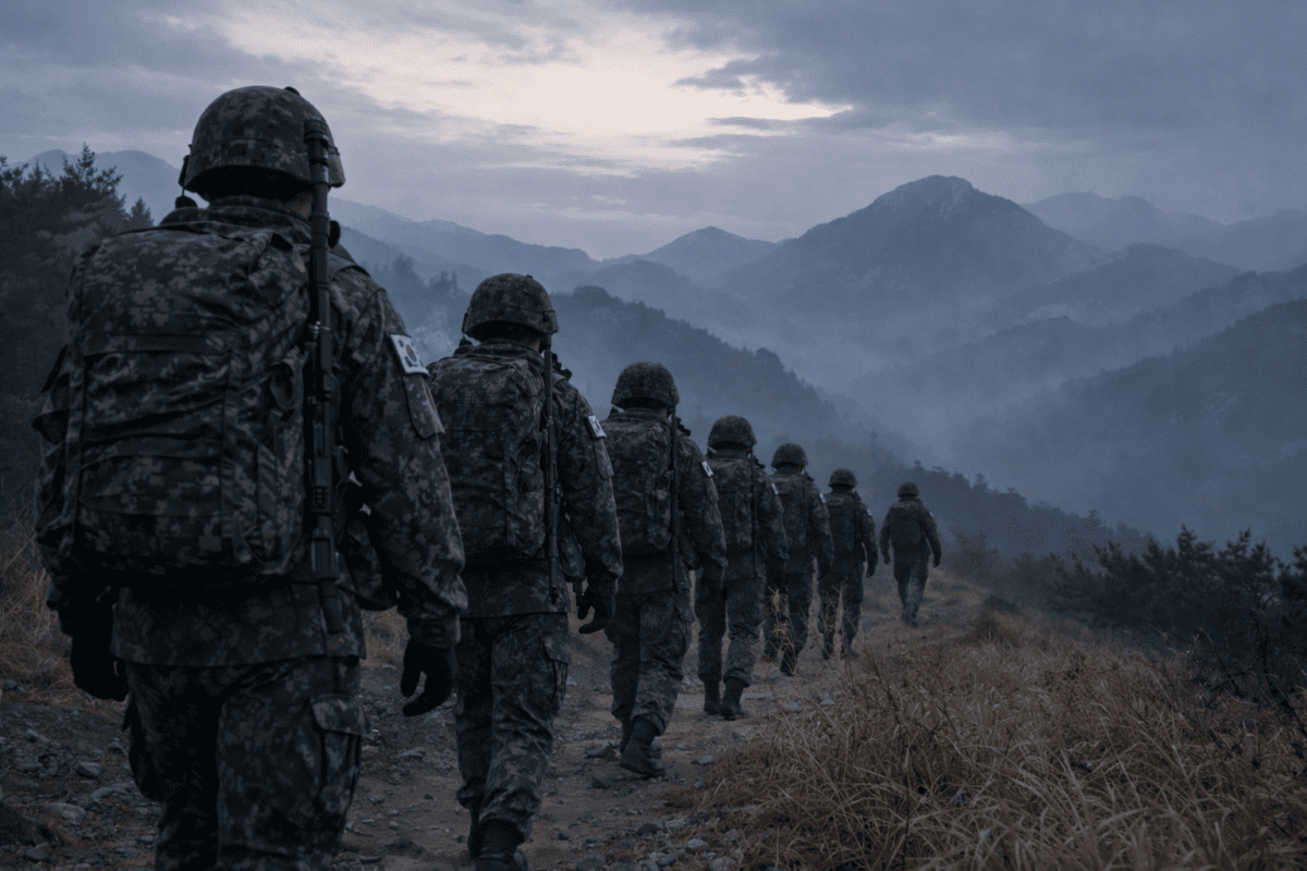 Korean soldiers marching at dawn in mountain terrain, representing Korean men and makeup military discipline
