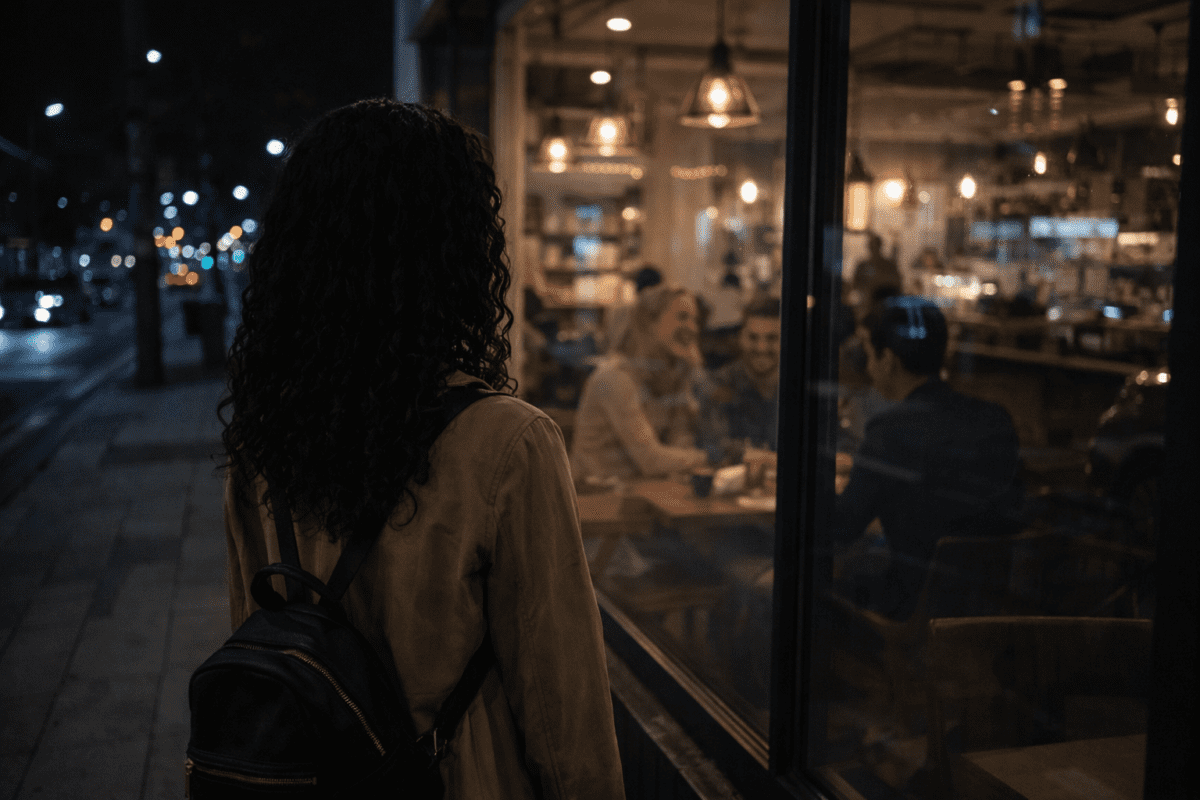 quarter-life crisis comparison — woman standing alone outside cafe watching others laugh inside