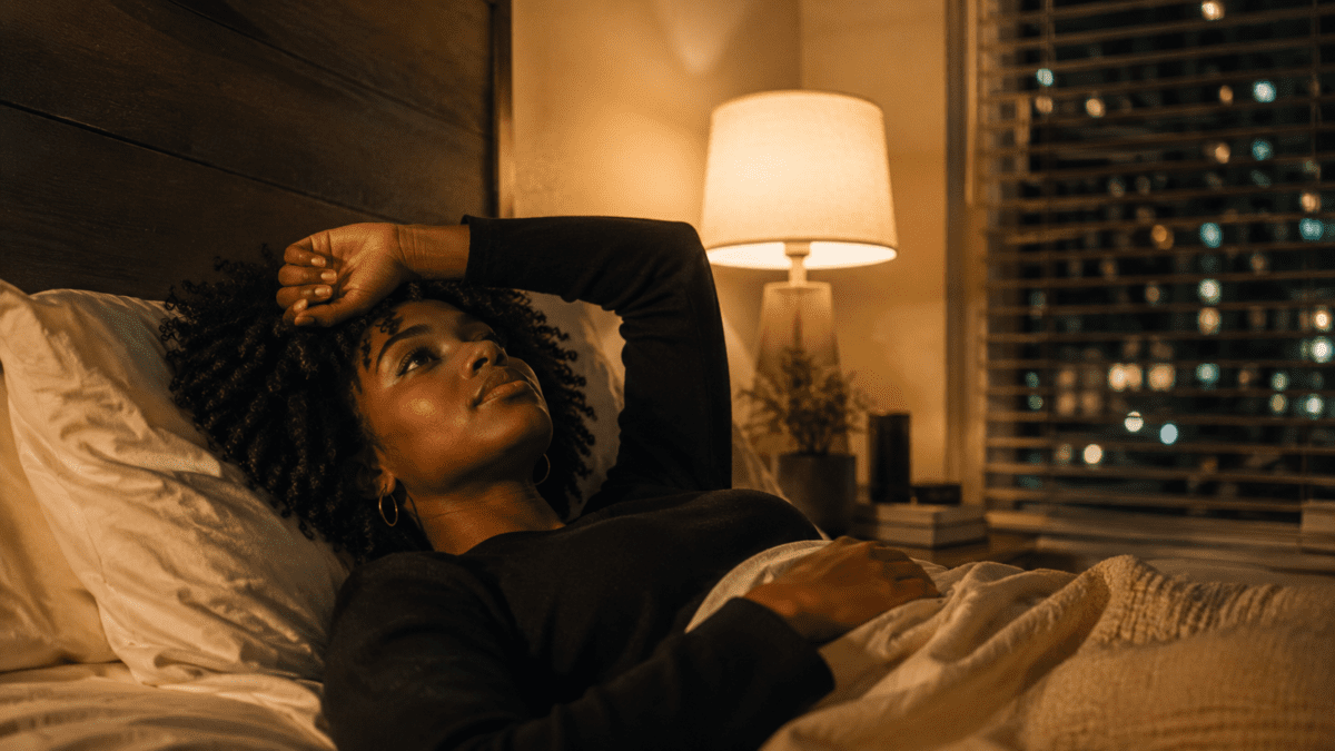 Woman lying in bed at night, arm over her forehead, eyes open and unable to settle even with the lights low.