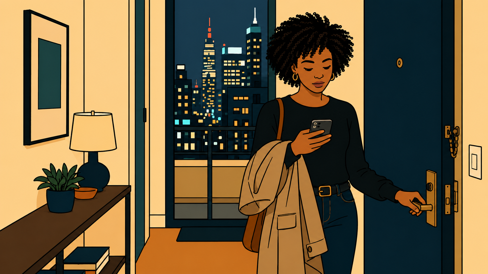 A minhwa-style illustration of a woman at her doorway at night, phone in hand, the city glowing behind her — can't stop thinking about work at the threshold.