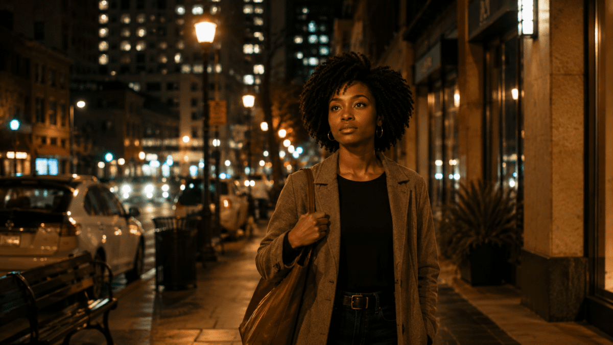 Woman walking the city street at night after work, gaze somewhere ahead, her mind still several blocks behind.