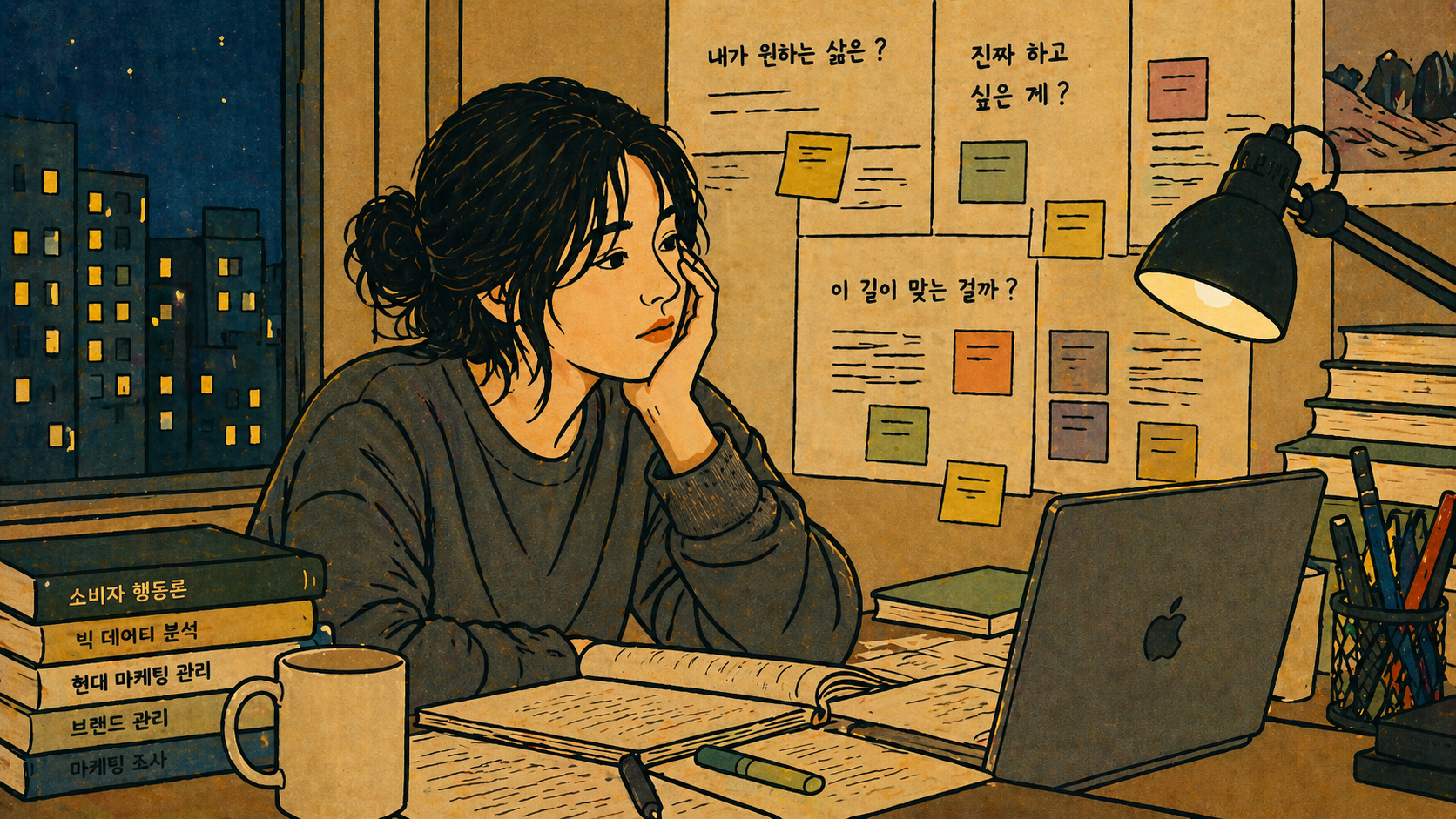 Woman facing wrong major choice, surrounded by uncertain questions on wall, late-night decision making