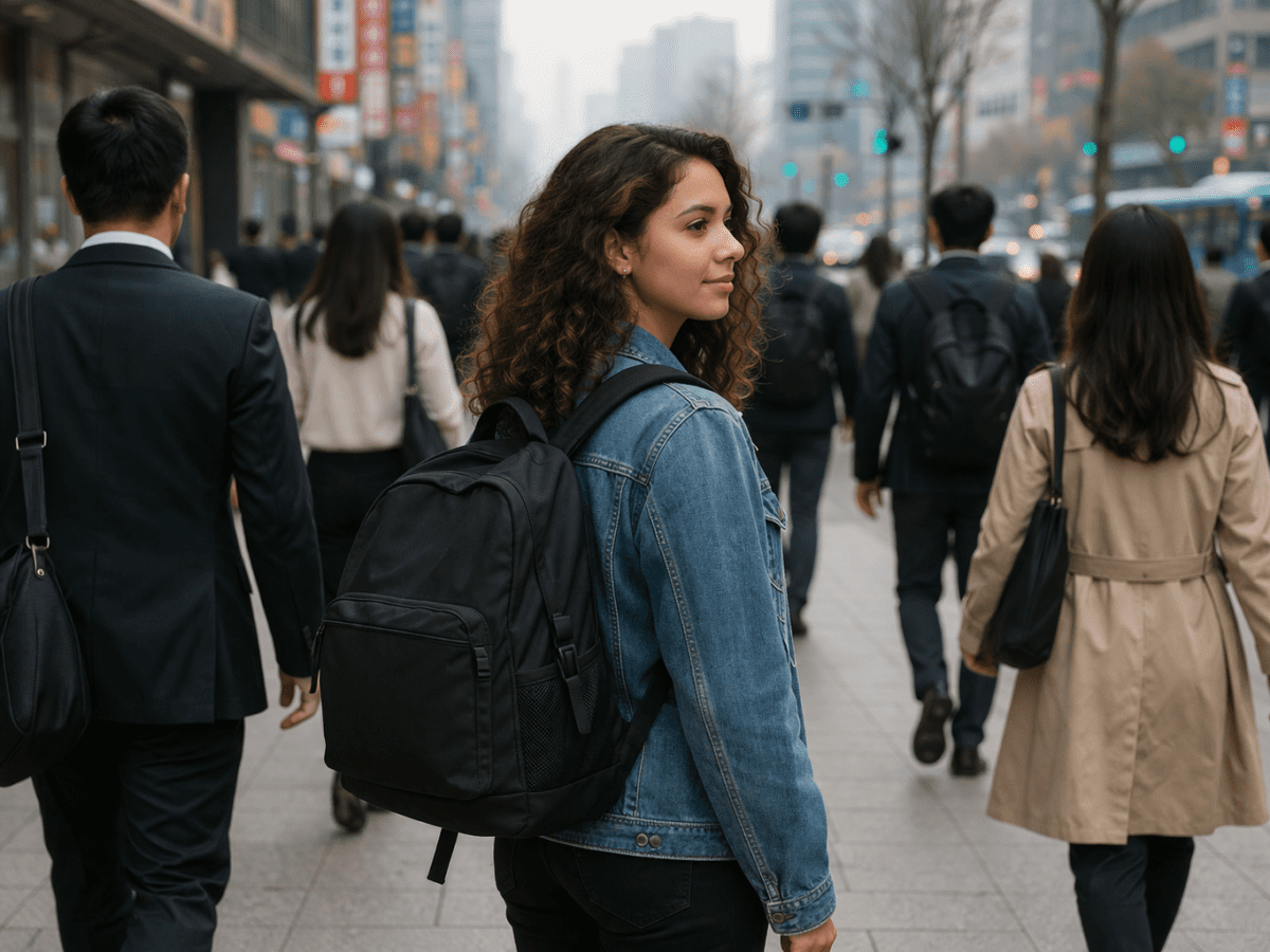 quarter-life crisis timing — woman pausing amid city crowd feeling out of step with the pace around her