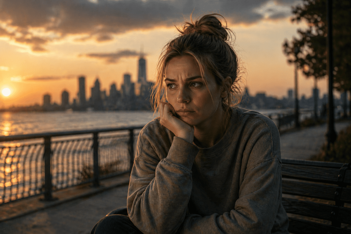 Woman choosing a major under pressure, contemplating cityscape at sunset, wrestling with decision