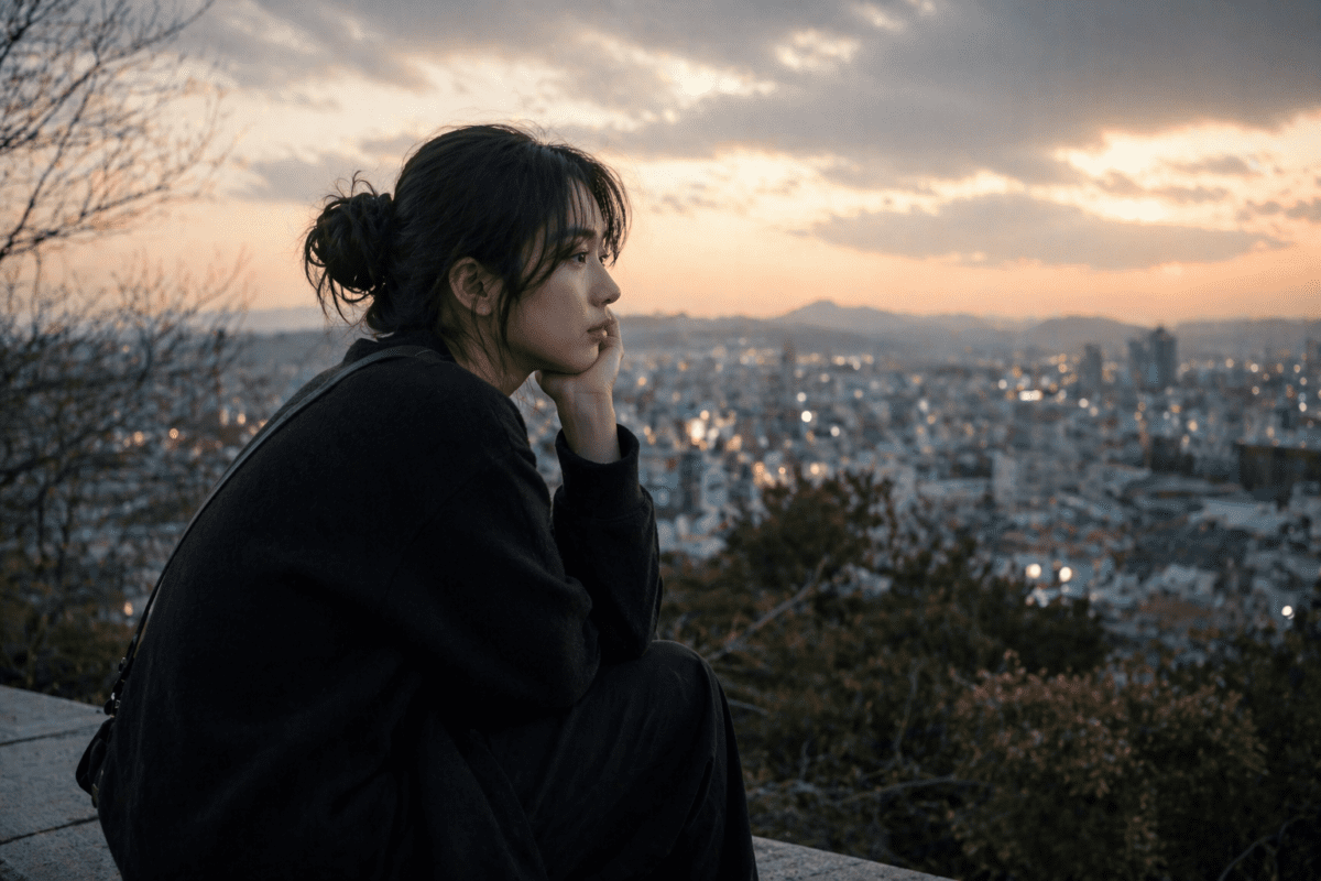 Woman facing wrong major choice, contemplating cityscape at evening, questioning her future