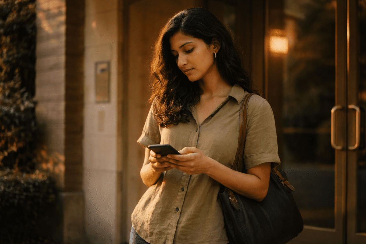 can't stop thinking about work — woman checking phone outside building entrance
