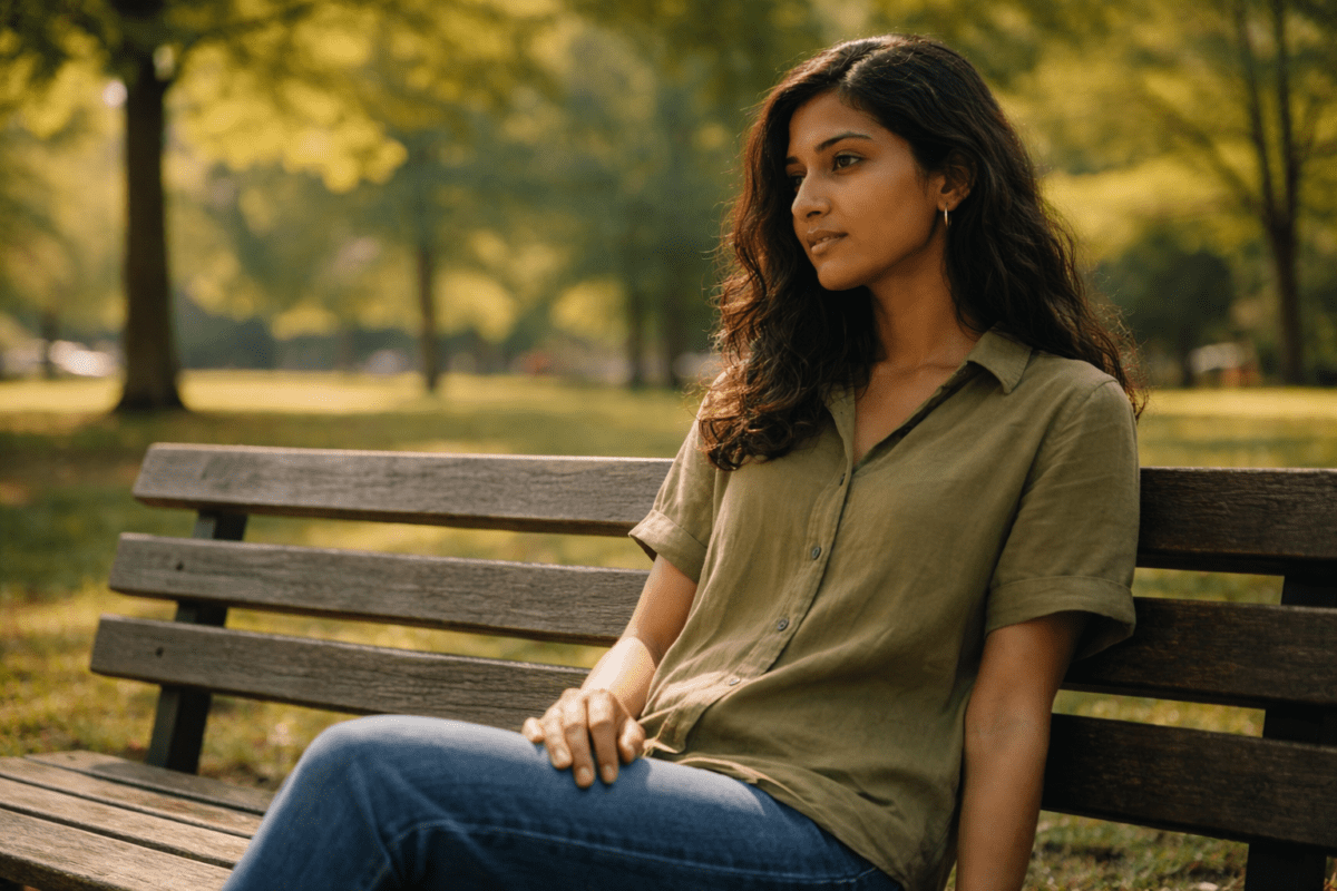 can't stop thinking about work — woman sitting on park bench unfocused