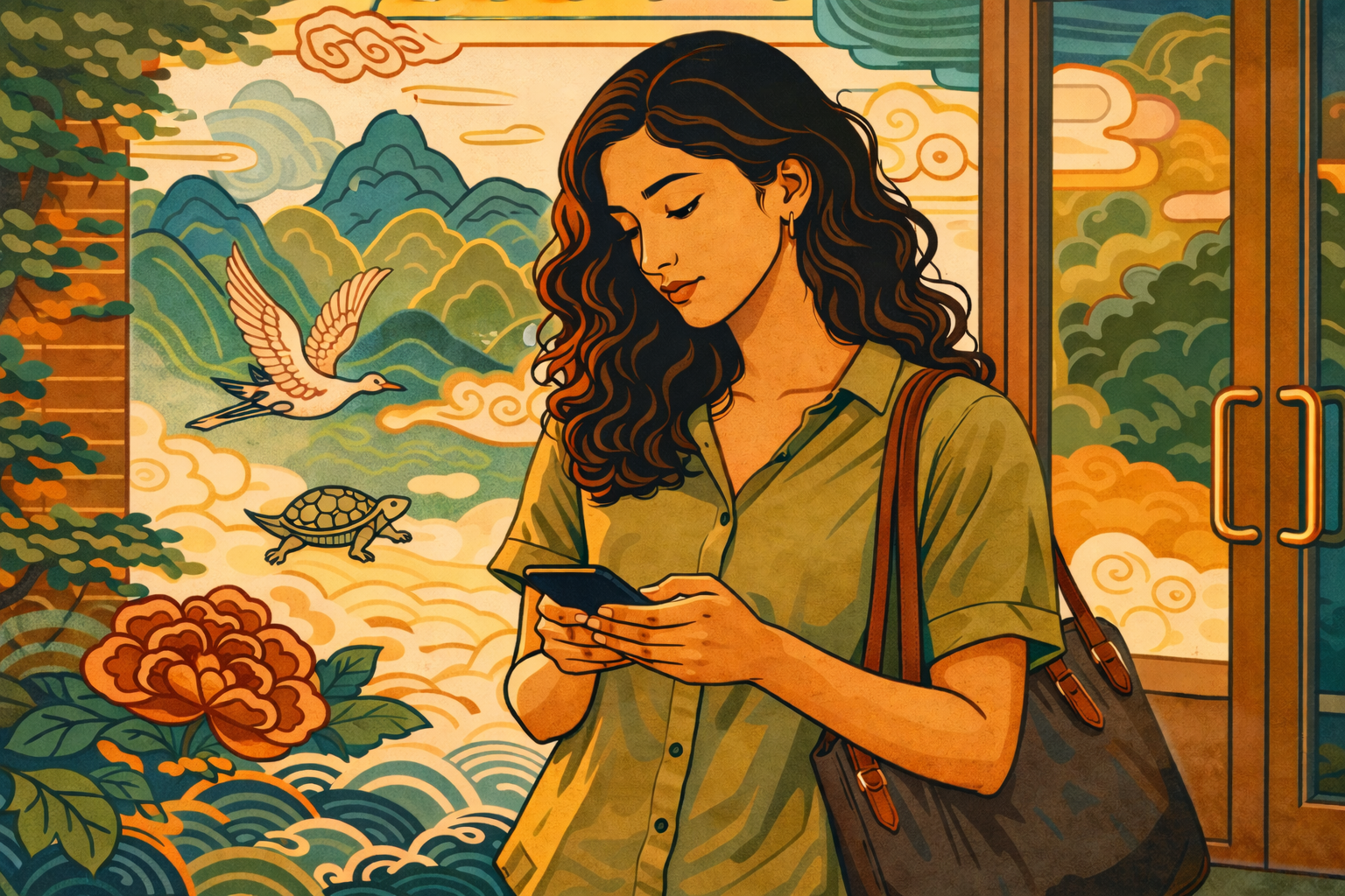 Can't stop thinking about work — woman checking phone during commute, minhwa illustration