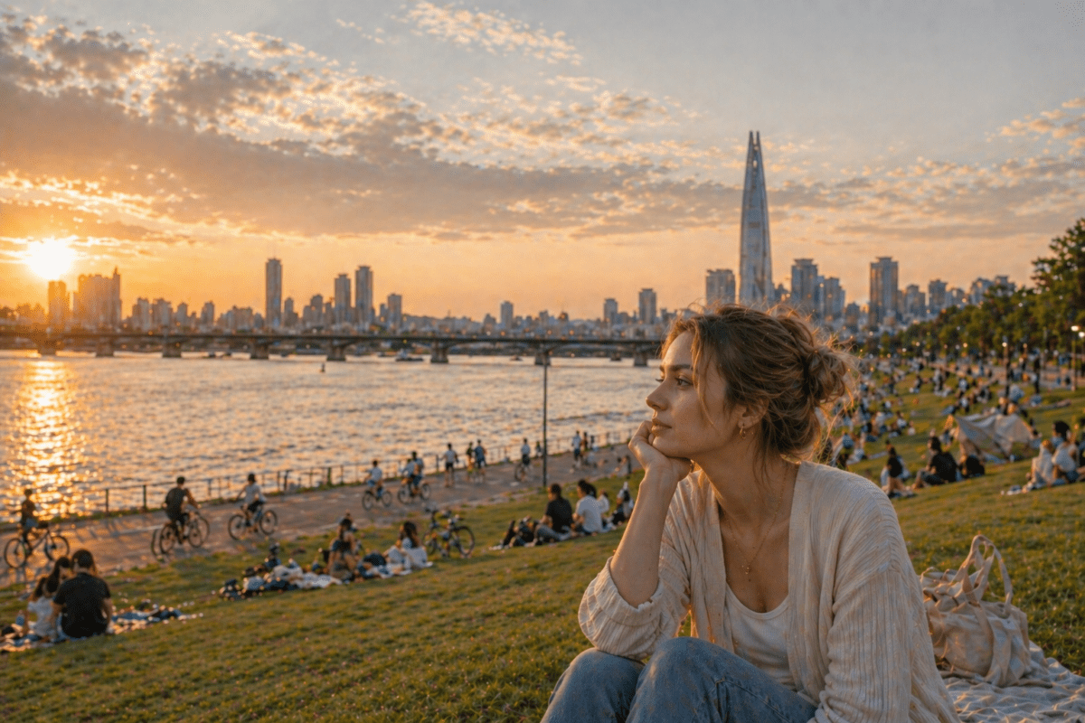 Design chemistry: woman contemplating by riverfront at sunset reflecting on electromagnetic attraction when two human design types meet and interact