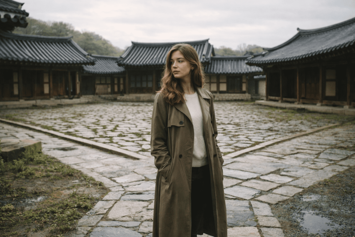 spring cycle meaning in astrology — a young woman standing at the center of an empty hanok courtyard after rain