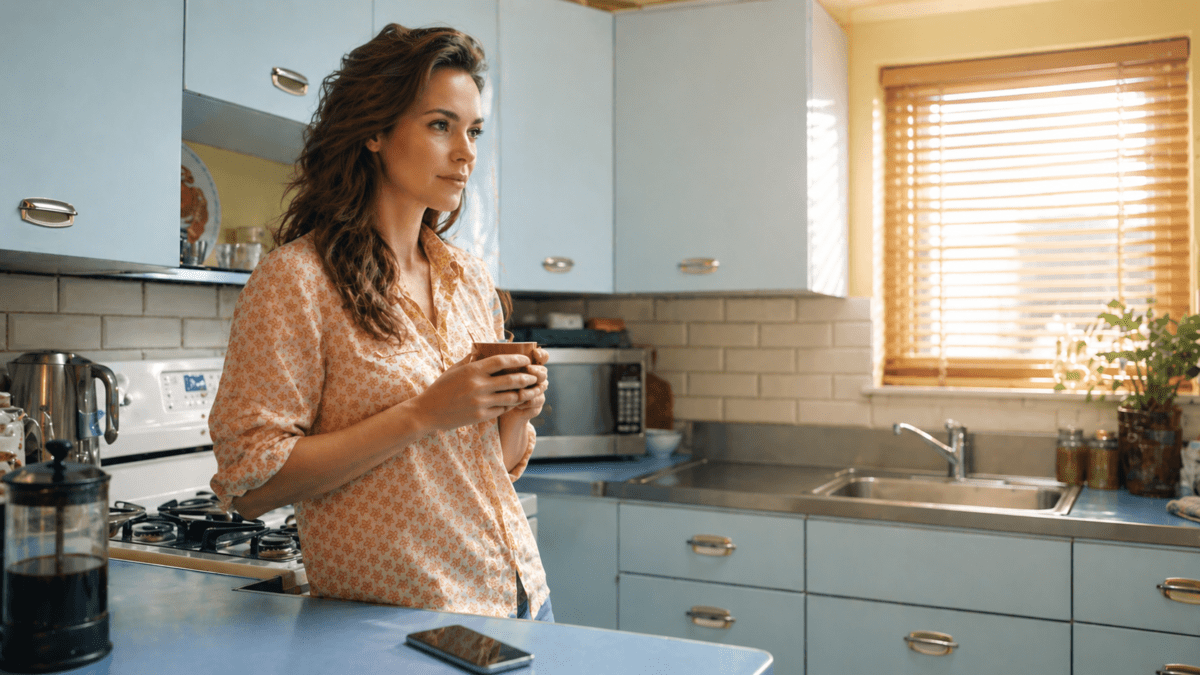 Woman pausing in kitchen with tea recognizing burnout as transition through everyday moments of stillness and alignment with new structure
