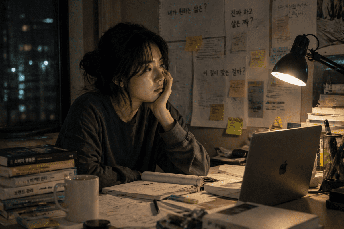 Woman facing wrong major choice at 11PM deadline, college application on screen, walls covered with uncertain notes about future