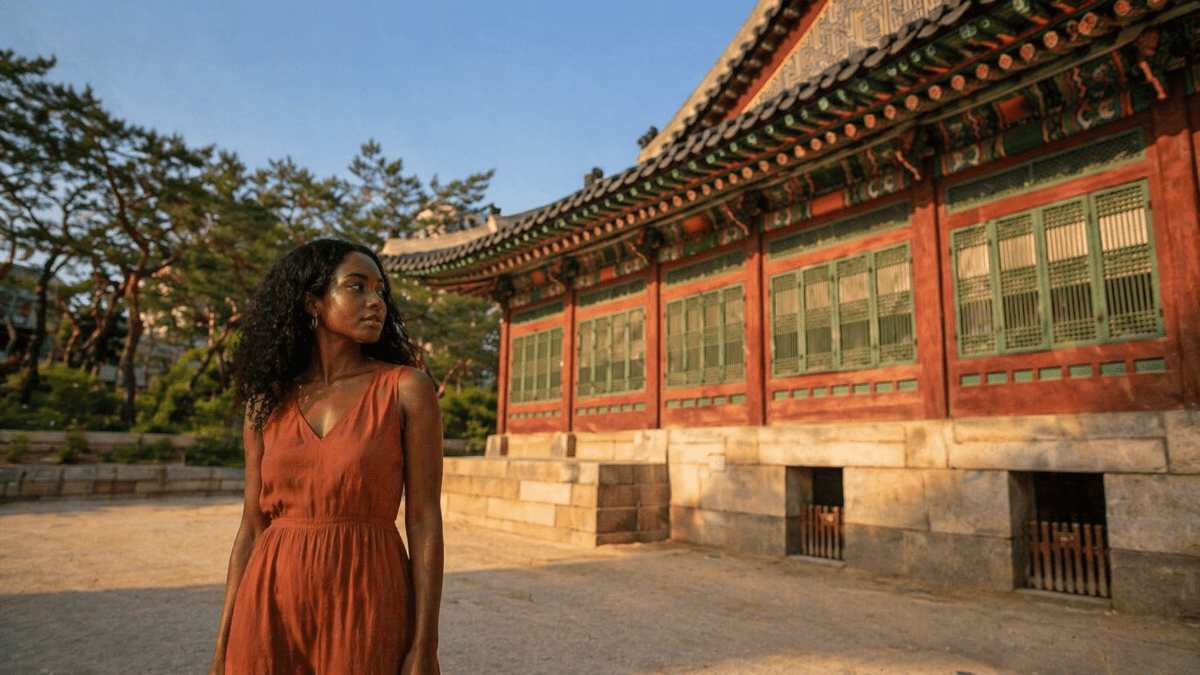 afternoon cycle meaning in astrology — a young woman standing beside a hanok palace hall in late afternoon light