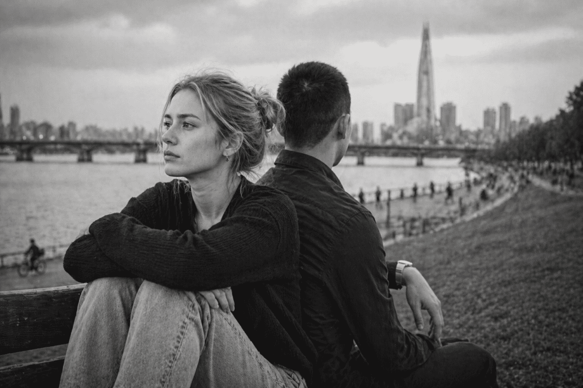 Design chemistry: two people sitting together by waterfront considering whether their electromagnetic attraction sustains through changing life cycles and timing