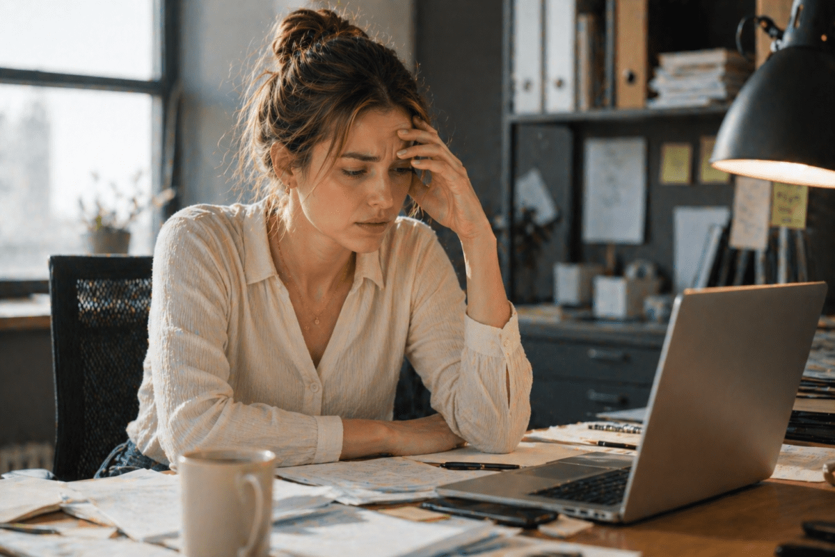Questioning your own reality at work: woman surrounded by documents and doubt