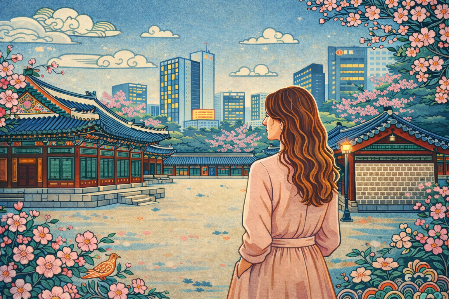 Woman admiring traditional architecture and blossoms.