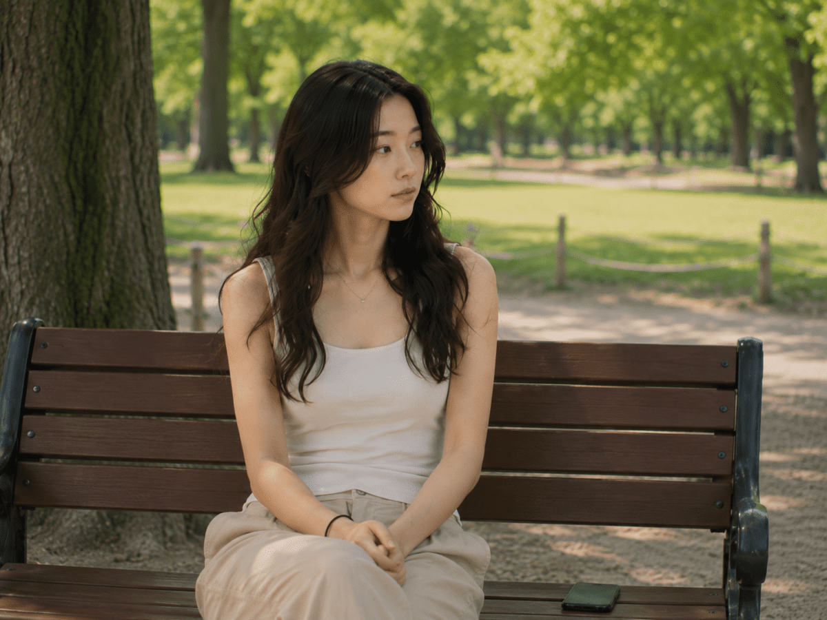 drifting from friends — woman sitting alone on a park bench, phone set aside