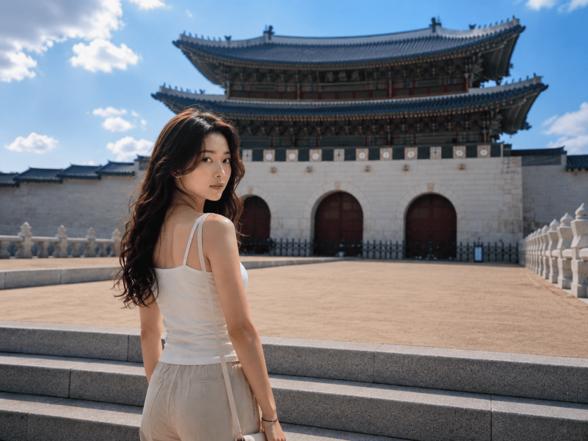drifting from friends — woman glancing back alone in front of an empty palace courtyard