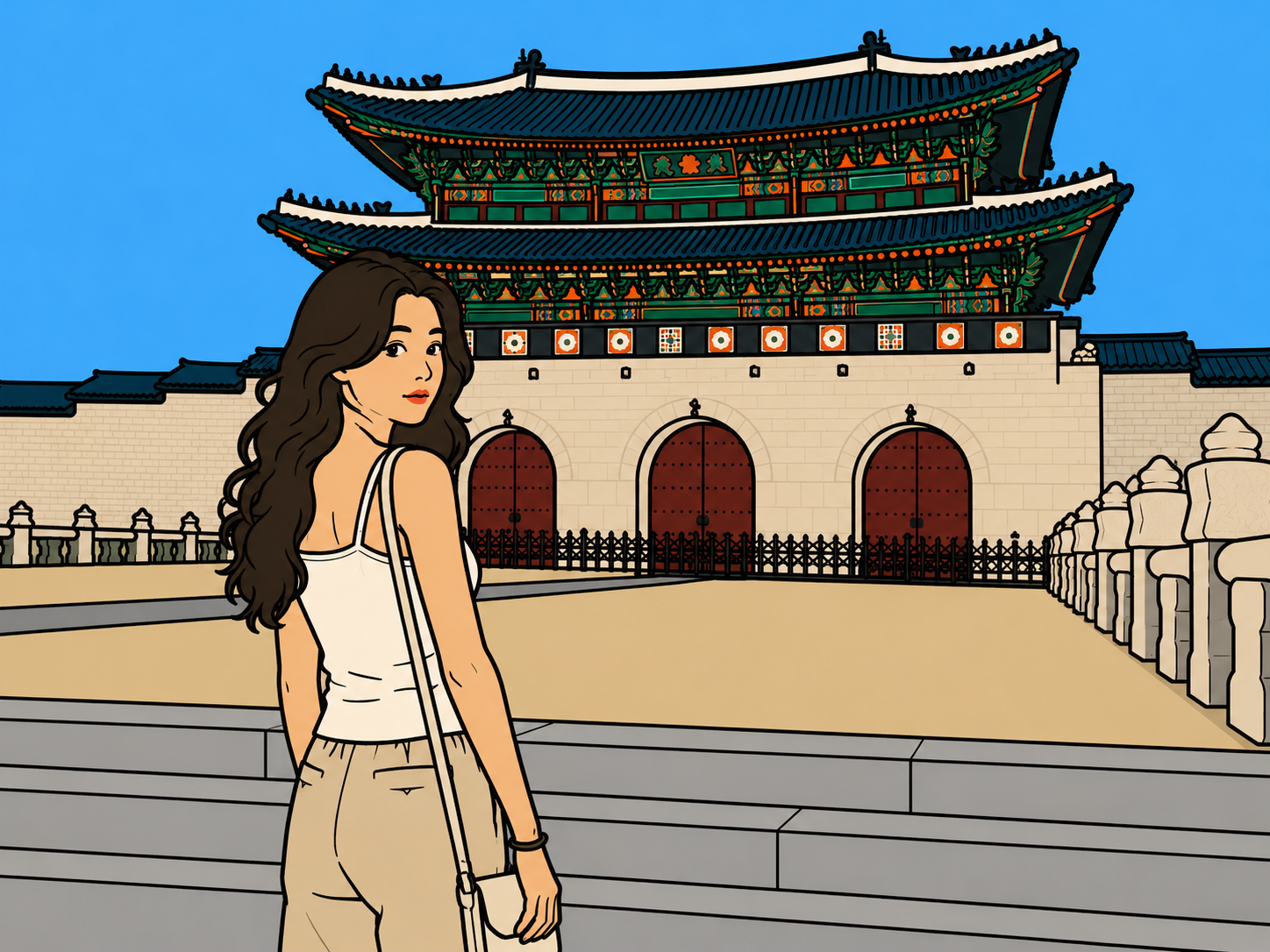 drifting from friends — minhwa-style illustration of a woman glancing back alone in front of an empty palace courtyard