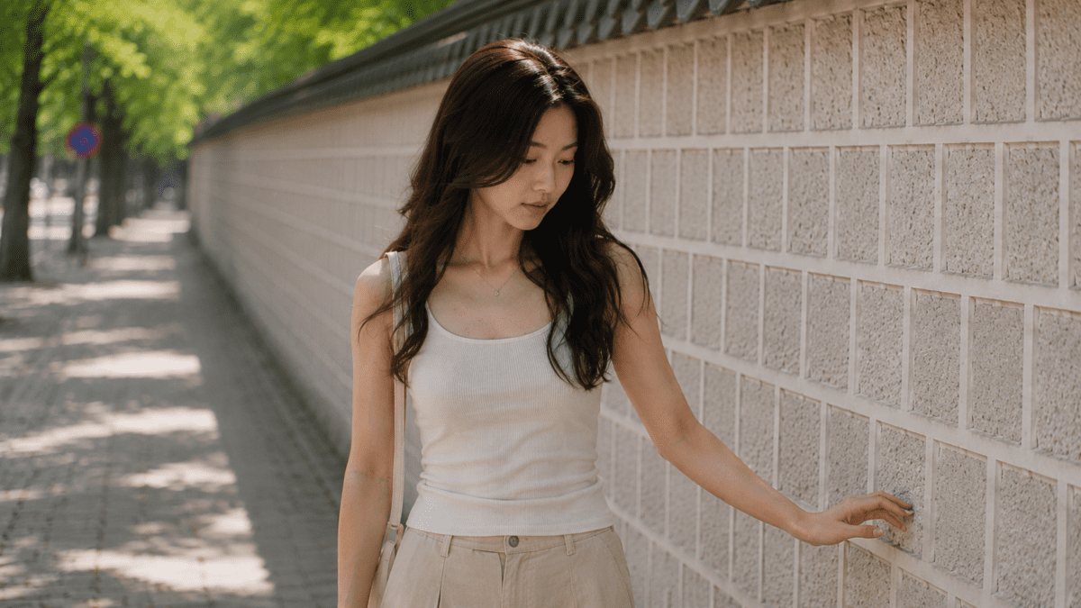 drifting from friends — woman walking alone with her hand trailing along a wall