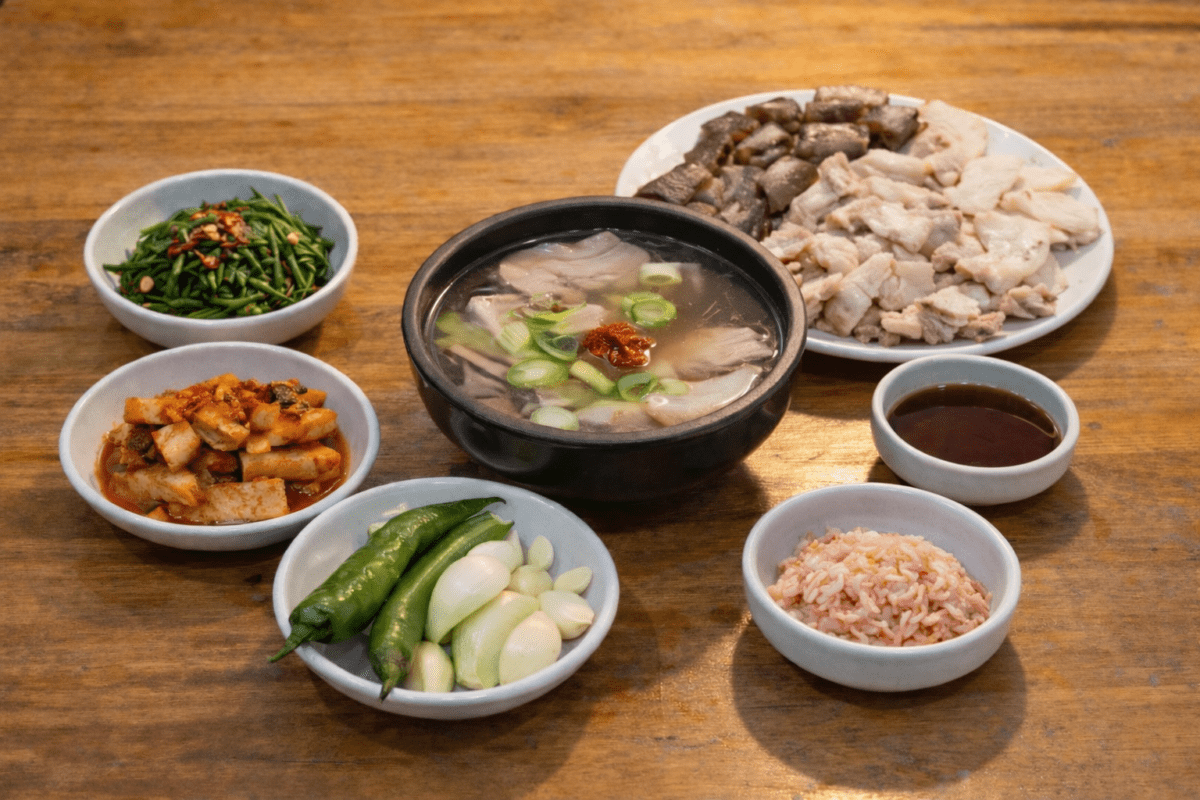 Korean pork soup — dwaeji-gukbap with banchan in Busan