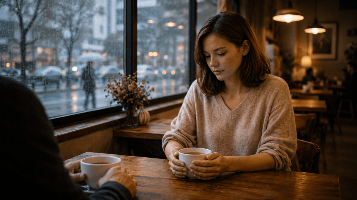 Woman holding a coffee cup and avoiding eye contact across the table, fear of being loved reflected in her quiet distance on a rainy day