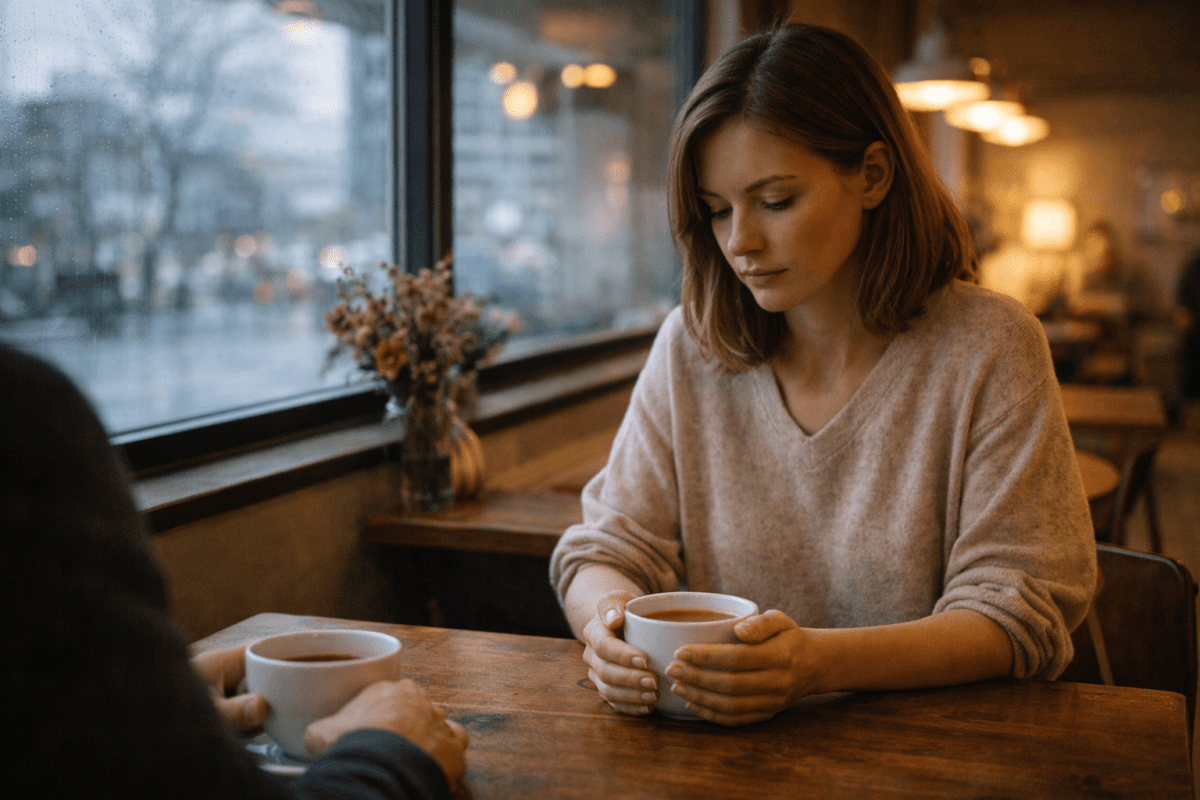 fear of being loved — woman sitting across from someone in a cafe, holding a cup but looking down