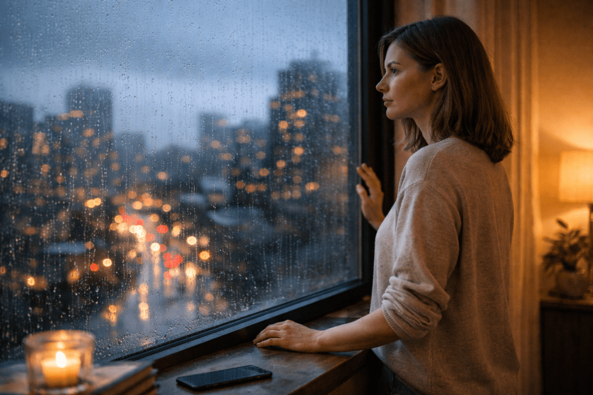 fear of being loved — woman standing at rainy window, phone on the ledge, looking outside