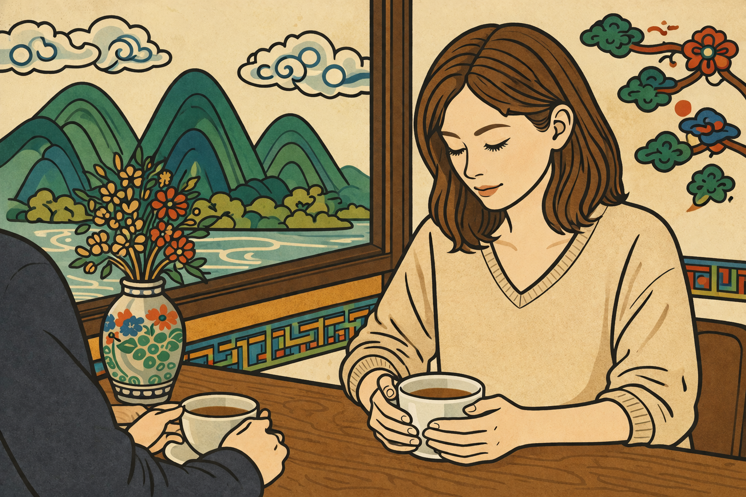 fear of being loved — minhwa style illustration of woman sitting across from someone, holding a cup and looking down