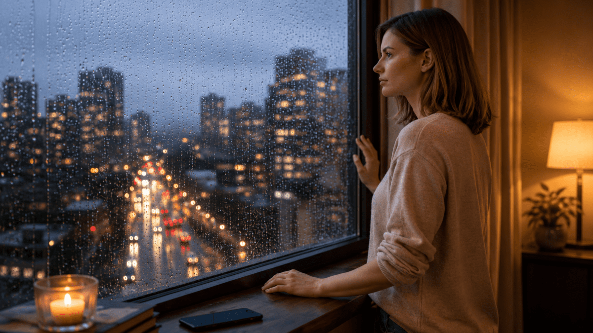Woman standing at a rain-streaked window watching city lights below, fear of being loved keeping her at a careful distance from her phone nearby
