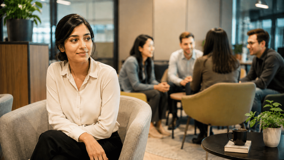 Woman sitting slightly apart from a group conversation in a lounge, fear of intimacy showing in her composed distance from the closeness nearby