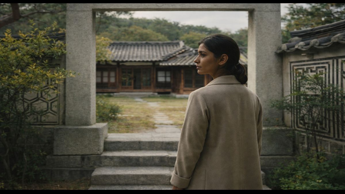 fear of intimacy — South Asian woman standing at stone gate, looking toward open hanok courtyard