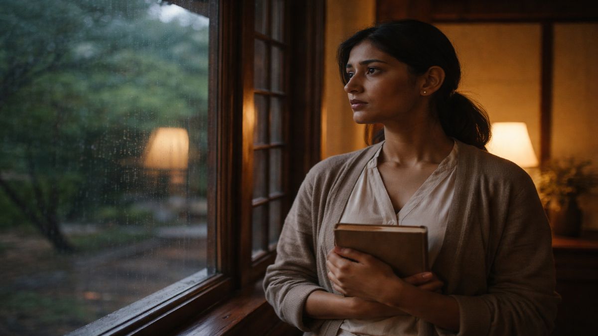 fear of intimacy — South Asian woman standing at rainy window holding a book, looking outside