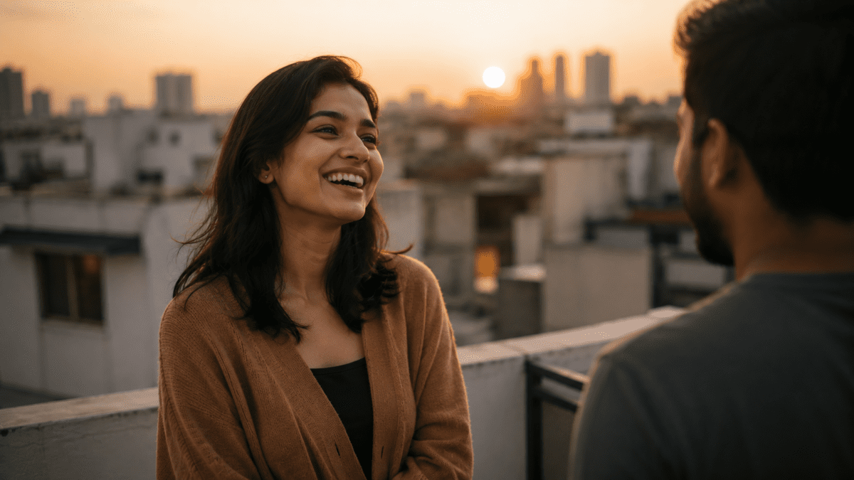 Woman laughing freely with someone on a rooftop at sunset, fear of intimacy loosening its grip in this unguarded shared moment