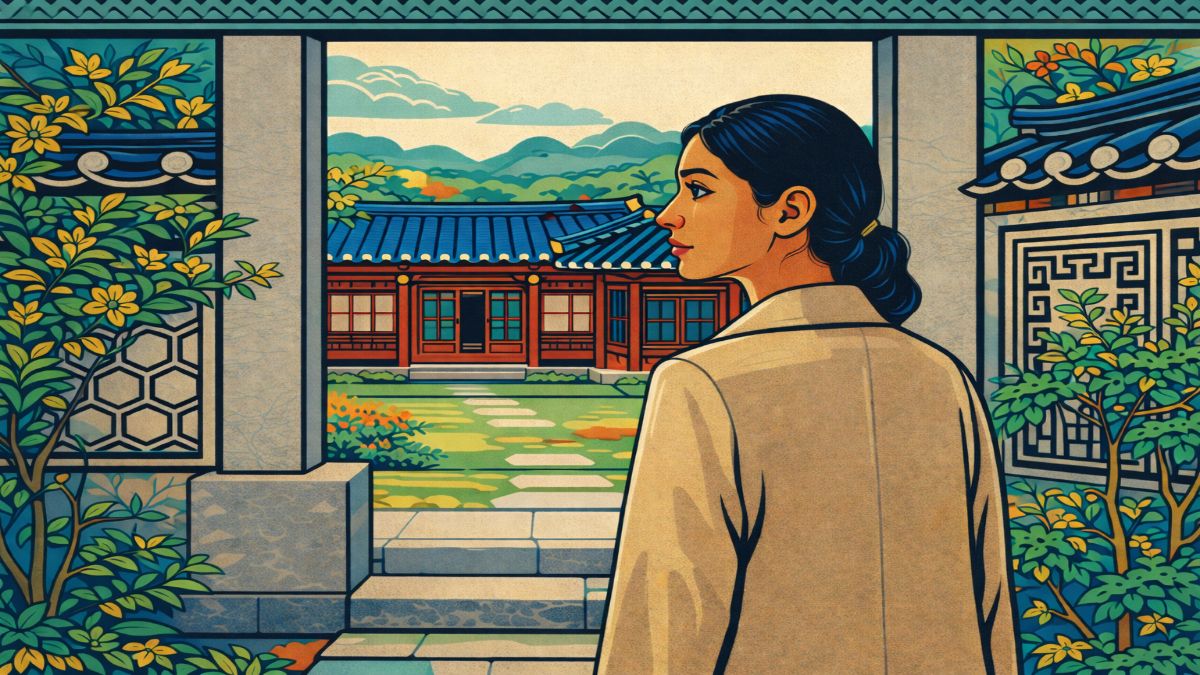 fear of intimacy — minhwa style illustration of South Asian woman standing at stone gate, looking toward hanok building